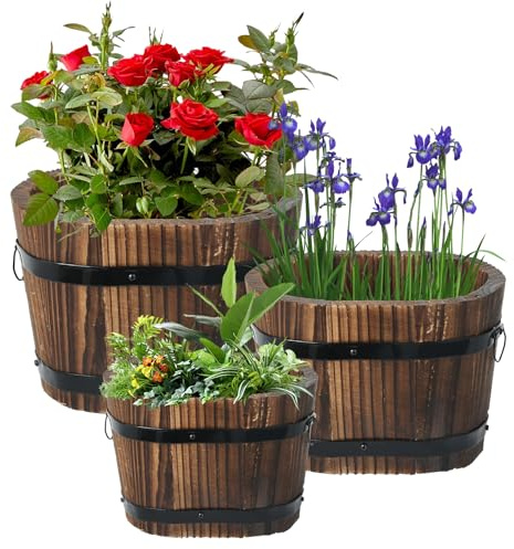 Hlimior 3 Pcs Wooden Whiskey Barrel Planters, Wooden Flower Planters Pots Boxes with Metal Handles 3 Sizes Planting Wood Buckets Tree Pot for Indoor Outdoor Garden Home Plants