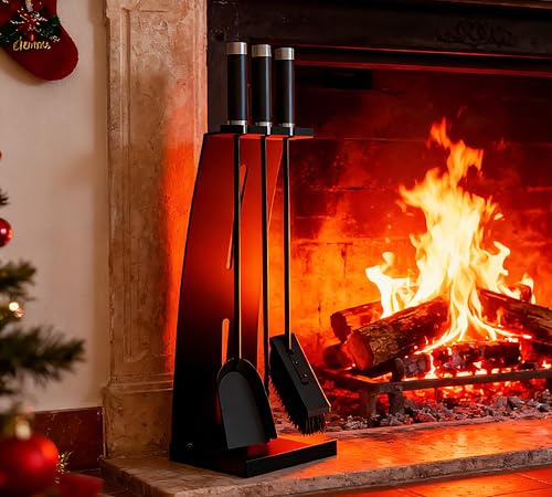 Kingson Juego de herramientas para chimenea de 4 piezas con asas compuestas, juego de accesorios para chimenea con recubrimiento en polvo negro, 54,5 cm de altura