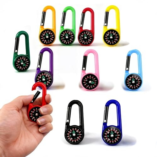 10 Stück Outdoor Kinder Kompass mit Karabinerhaken,Karabiner Haken Minikompaß,Karabinerhaken Mini Kompaß Anhänger,Multifunktionaler Tragbarer Kompass Schlüsselanhänger für Wandern Camping Bergsteigen