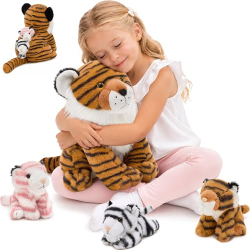 MorisMos Tiger Plush with 3 Baby Cubs Inside, 32 cm Mommy Tiger Stuffed Animal, Soft Striped Jungle Cat Plush Toy, Interactive Family Teddy for Imaginative Play, Birthday Gift for Kids