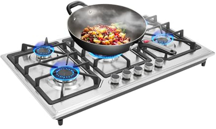 Cocina de gas de 5 fuegos, 86 cm, empotrable para cocina, acero inoxidable, encendido electrónico, placas de gas LPG/gas natural, 2800 pa, placa de gas Drop-in moderna