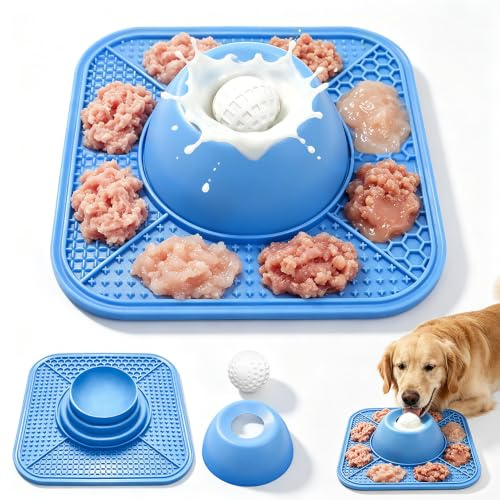 XPJBKC Tapis Lechage Chien avec Balle Roulante, 2 en 1 Tapis De Lechage Chien avec Ventouse pour Nourriture Humide, Bol à Lécher avec Une Balle pour Petits, Moyens et Grands, Bleu