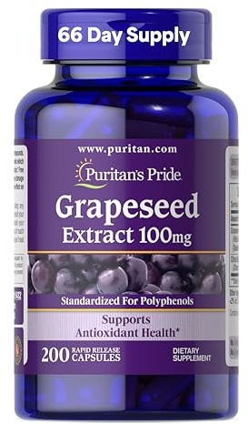 Puritan's Pride Grapeseed Extract 100mg with Citrus Bioflavonoid Complex, Dietary Supplement for Antioxidant and Heart Health Support, 200 Rapid Release Capsules