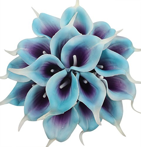 Duovlo 20pcs Calla Lily Bridal Wedding Bouquet Lataex Real Touch Artificial Flower Home Party Decor (Purple in Blue)