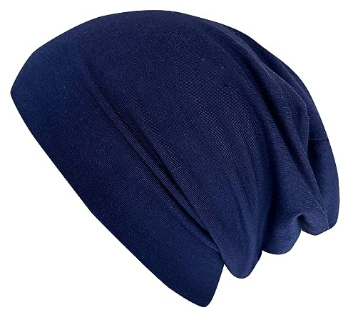 Wollhuhn Beanie per bambini – Berretto lungo a due strati in jersey, reversibile e morbido, con interno grigio, realizzato a mano in Germania, indossabile tutto l'anno, Tinta unita blu scuro, 52-54
