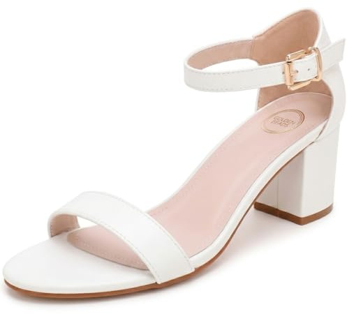 Ladies Womens Low Mid Heel Block Peep Toe Ladies Ankle Strap Party Strappy Sandals UK Size 3-8 (7 UK, White Mat)