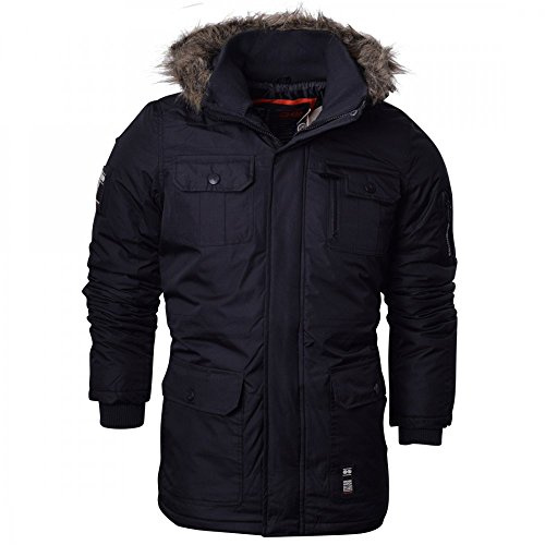 Crosshatch Mens Heavy Weight Fur Hood 'Parked' Parka Padded Waterproof Winter Coat Jacket - Medium - Solid Black