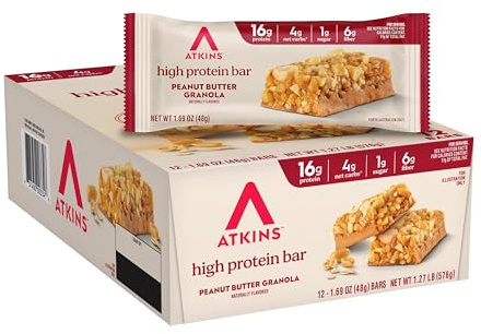 Atkins Peanut Butter Granola High Protein Bar, High Fiber Snack , 16g Protein, 1g Sugar, 4g Net Carb, Protein Snack, 12 Count