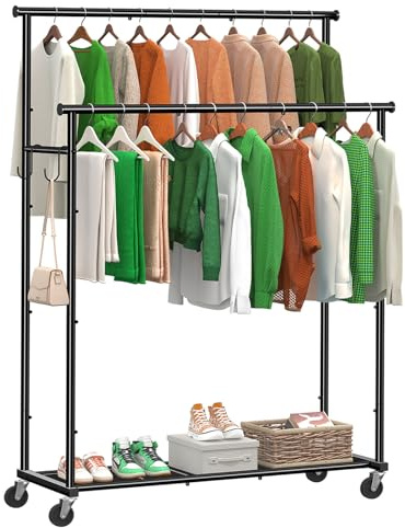 Ekisemio Double Rods Clothes Rack with Wheels Load 400 LBS, 45 Inch Rolling Clothing Rack for Hanging Clothes, Heavy Duty Garment Rack with Shelves, Metal Portable Closet, Black
