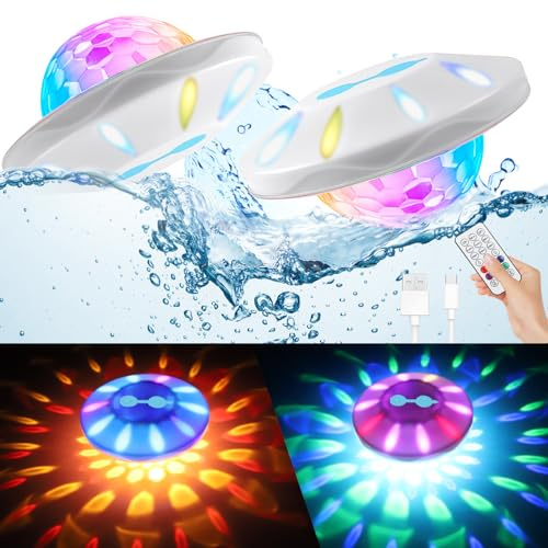 BOXPSII Floating Pool Lights, Pool Lights IP68 Waterproof, Rechargeable RGB Upper and Lower Color Changing Pool Floating Light with 6 Dynamic Lighting, Floating Light for Pool, Garden,Paths-2PACK
