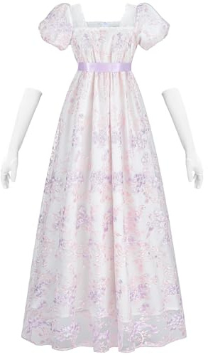 Fiamll Vestido de mujer estilo imperio con cintura imperio, vestido de baile de la Regencia, vestidos para mujer Cottagecore Renacentista con guantes de disfraz, morado, S