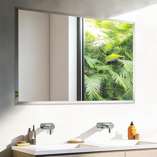 Artloge Large Frameless Bathroom Wall Mirror 100 x 70cm Plain Edge Silver | High Clarity Distortion Free Rectangle Wall Mirrors with 3 Hangers for Over Sink Vanity, Hanging Vertically or Horizontally