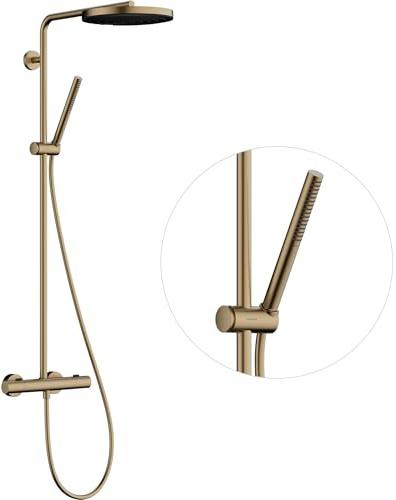 hansgrohe Pulsify S Puro - Duschsystem med termostat, Regndusch (⌀ 260 mm), Duschset med handdusch, duschslang, duschstång och rund huvuddusch, borstad brons, 24222140
