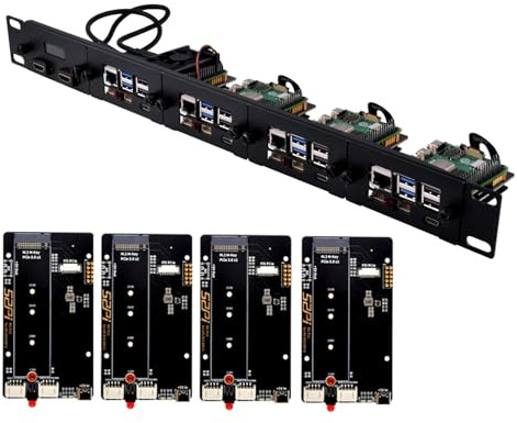 GeeekPi Soporte de rack 1U de 19 pulgadas para Raspberry Pi 5, con 4 adaptadores PCIe a M.2 NVMe SSD y pantalla OLED, compatible con rack de servidor de 19 pulgadas