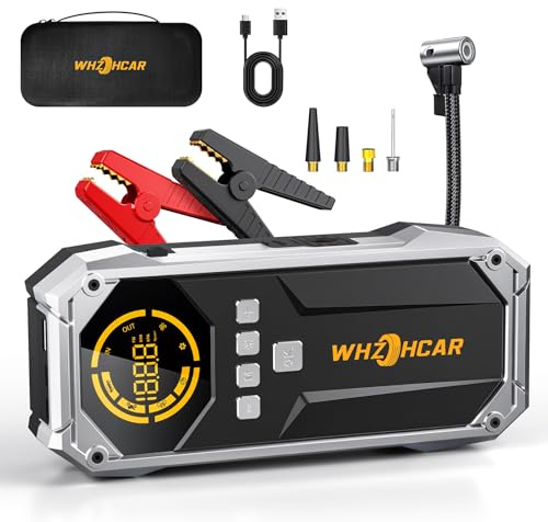 Arrancador de Coches 8000A Compresor de Aire 150PSI Arrancadores de Bateria de Coche 12V (hasta 12L de diésel o All de Gasolina) Jump Starter con Lumen LED Clips de Seguridad Inteligentes Carga Rápida