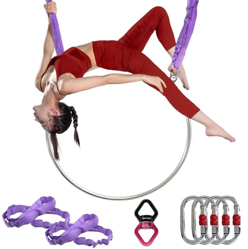 PRIOR FITNESS Aerial Hoop Set, 80 cm/85 cm/90 cm/95 cm Stainless Steel, Double-Point Aerial Hoop Equipment with Hardware, for Home Gym Yoga (90#25)
