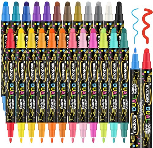 Acrylic Paint Pens Markers Set of 24, Dual Tip Fabric Pens Rock Painting Glass Ceramic Wood Egg Canvas Paper Coloring Pumpkin Decorations Painting Kit DIY Scrapbook Art Crafts Supplies Kids Adults