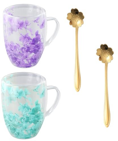 Anseom 2 Piezas Taza de Vidrio de Doble Pared con Flores Secas, 350ml Vasos de Café de Doble Pared, Tazas de Vidrio Flores Secas para Cafe Té Capuchino Jugo Espresso Latte