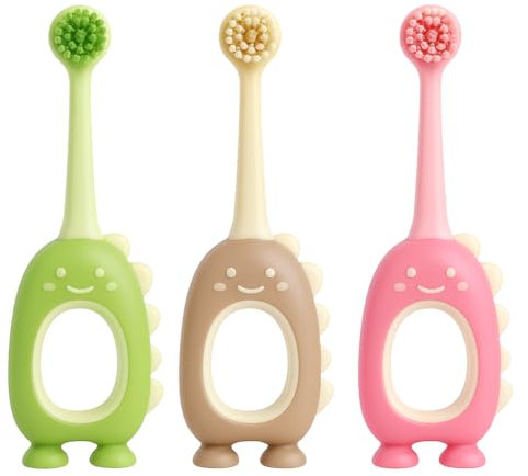 3 Stück Dinosaurier-Kinderzahnbürste, Extraweiche Borsten 0,12 mm, BPA-frei, Kinderfreundlicher O-Griff, Grün/Beige/Rosa, Ab 0 Jahren
