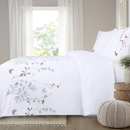 Chlophy Double Bedding Set Duvet Cover Sets White Pink Floral Embroidered Flower Girls Luxury Cottagecore Spring Butterfly Green Leaves Fresh Summer Blossom 3Pcs