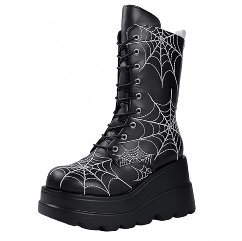 FQLGJMY Women's Knee High Wedge Platform Boots with Chunky High Platform Heel Lace Up & Zipper Punk Goth Mid Calf Combat Boots Motorcycle Booties with Metal Buckles for Autumn Winter