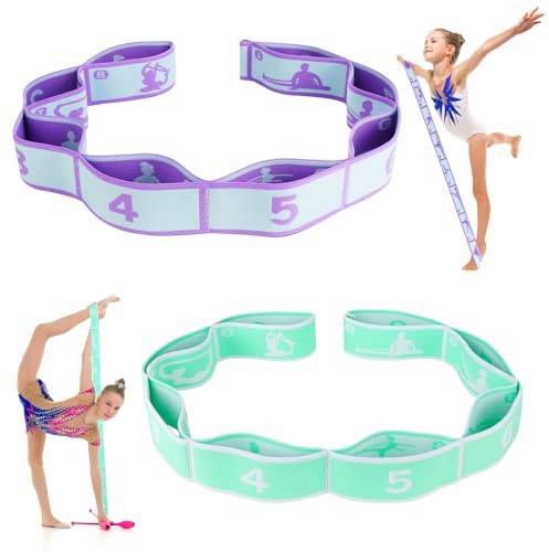 Zuimei 2Pcs Stretching Bands Gymnastics Stretch Band Yoga Straps with 8 Adjustable Loops for Stretching, Leg Stretcher Strap Yoga Pull Strap Flexstrap for Pilates, Dance, Gymnastics, Green,Purple