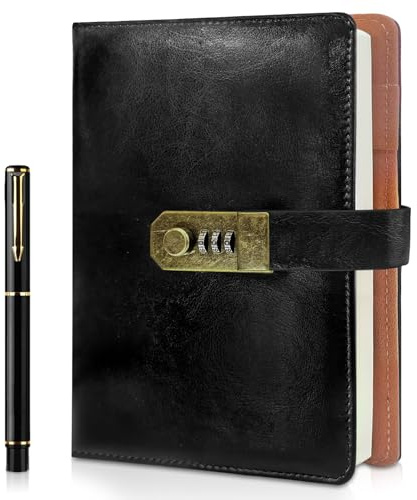 AMFUN Journal with Lock, A5 Diary with Lock, Password Notebook, 200 Pages with Pen and Gift Box Set, PU Leather Diary for Men and Women, 8.6×5.8 in - Black