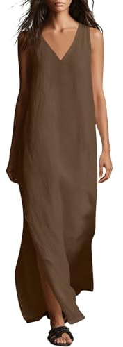 Vestidos de talla grande para mujeres con curvas, vestido de verano de algodón y lino, sin mangas, cuello en V, maxi, casual, holgado, con cinturón, para mujer, mujer, mujer, mayores, noche, amarillo