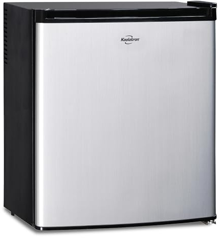 Koolatron Stainless Steel Compact Fridge with Freezer, 1.7 Cubic Feet (48 L) Capacity, Silver and Black, for Snacks, Frozen Meals, Beverages, Juice, Beer, Den, Dorm, Office, Games Room, or RV