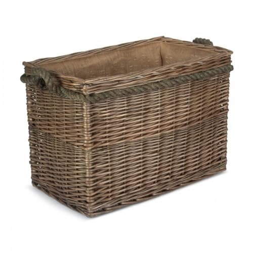 Delux , Rectangular , Hessian Lined Log Basket. Antique wash finish. Full cane willow. Rope handled