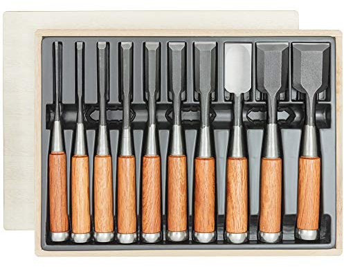 Hattori® Stemmeisen-Satz, 10-teilig – Japanische Stemmeisen im Holzetui, Gewalzter Stahl, Vielseitiges Set für Schreiner- und Feinholzarbeiten