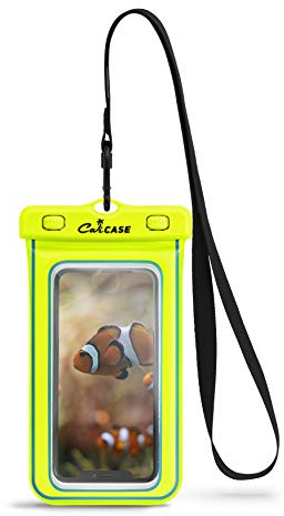 CaliCase Universal Waterproof Floating Phone Pouch - Premium IPX8 Waterproof Floating Phone Case with Lanyard for iPhone and Android - Yellow Glow in Dark
