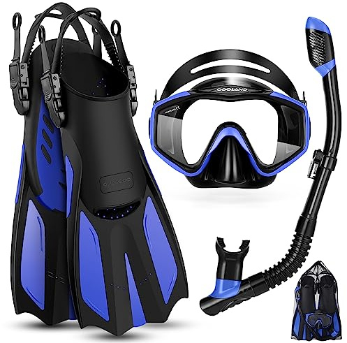 Odoland Kids Snorkeling Packages Snorkel Set, Anti-Fog and Anti-Leak Dry Top Snorkel Mask with Adjustable Swim Fins for Boys and Girls Age 7-14, Blue