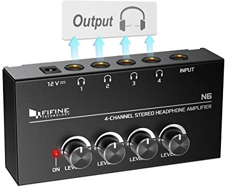 Fifine Headphone Amplifier 4 Channels Metal Stereo Audio Amplifier,Mini Earphone Splitter with Power Adapter-4x Quarter Inch Balanced TRS Headphones Output and TRS Audio Input for Sound Mixer-N6