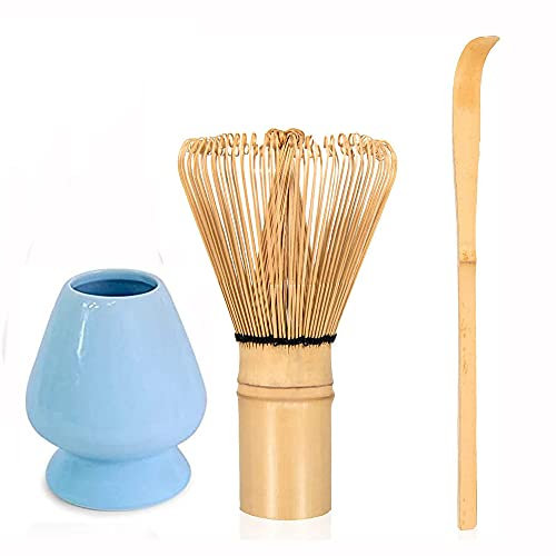 ANCLLO Juego de 3 piezas de té matcha japonés, batidor de bambú/soporte de cerámica Matcha titular de soporte de bambú/cuchara de bambú para ceremonia tradicional del té japonés (# 1)