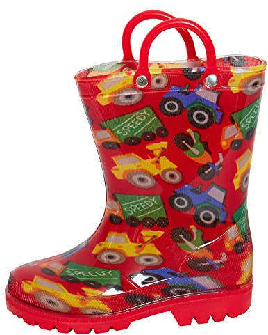 ScruffyTed Bottes de pluie pour enfants avec poignées d'enfilage et motif véhicules rouges, taille 7 UK enfant.