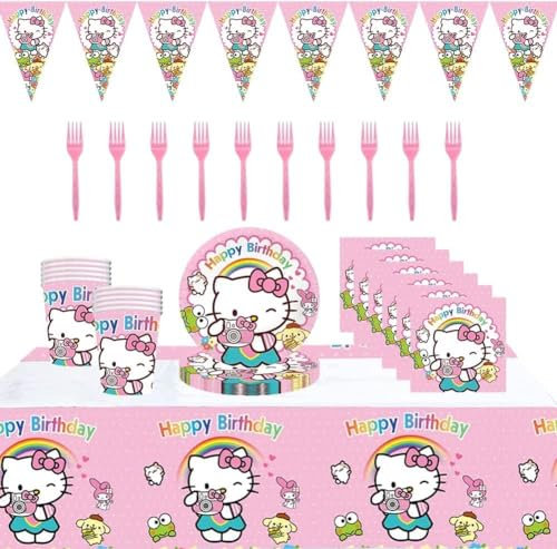 KT Cat Party Tableware Set - Includes Tablecloths, Tissues, Plates, Cups, Banner, Forks for Themed Birthday, Baby Shower Decorations
