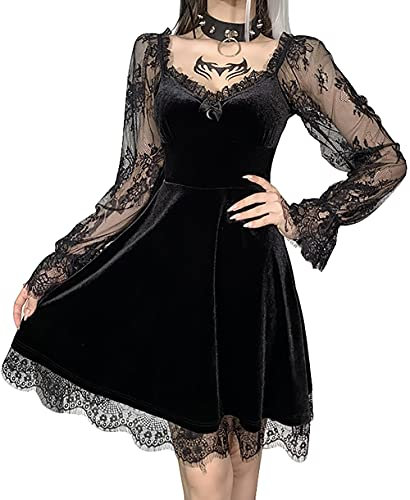 DINGJIUYAN Lace Long Sleeve Dress Black Draped Bodycon Goth Vintage Dresses Clothes