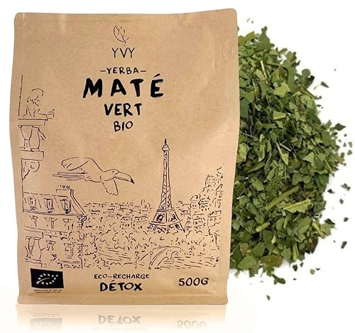 YVY MATÉ Yerba Maté Bio Vert 500g | BIO Équitable et Non Fumé | Sans Tige, Sans Poudre | Doux, peu amer, proche du thé vert | Idéal pour consommation quotidienne | Boisson caféinée | Goût végétal