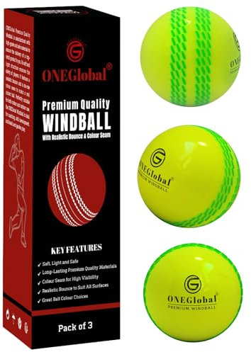 ONEGlobal Premium Windball Weiche Cricketbälle | Langlebig & sicher, farbige Naht, realistischer Sprung & Schwung | Indoor-/Outdoor-Coaching, Training, Garten & Strandspiele (3 Fluoro-Gelb)