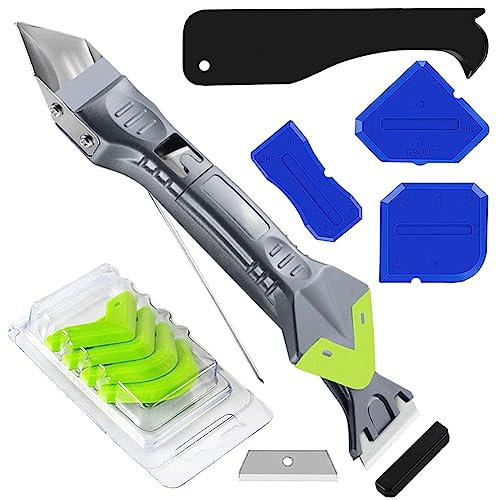 Gmili silicone sigillante kit per calafataggio 5 in 1, (Stainless steelhead) rimuovi silicone professionale con 5 cuscinetti sostituibili, raschietto silicone professionale per Cucina Bagno Pavimenti