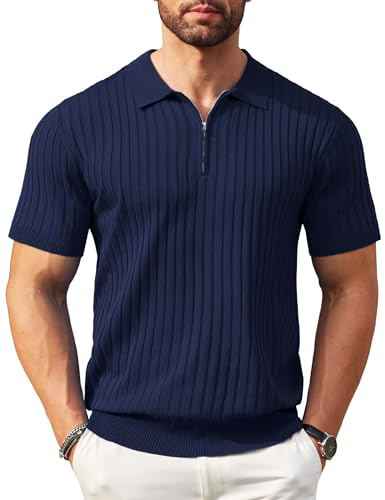 Coofandy Polo da Uomo con Cerniera, a Maniche Corte in Maglia a Costine, Maglietta Casual da Golf alla Moda, Blu Navy, L