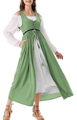 SCARLET DARKNESS Women 2Pcs Renaissance Maxi Dresses Off Shoulder Short Sleeve Lace-up Irish Costume with Over Dress