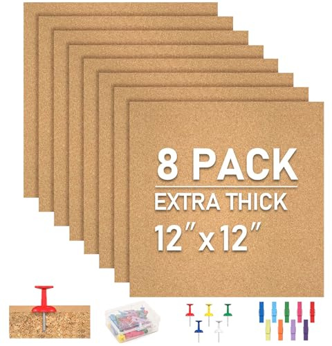 Cork Board Tiles - 8 Packs Adhesive Corkboards for Wall,Small Cork Board Decorations, CorkBoard Squares, Cork Sheet Decorative CorkBoard for Office, School & Home