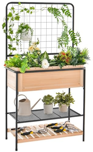 HOMASIS Blumenkasten mit 2 Ablagen, Hochbeet mit Rankgitter, Pflanzkasten mit Spalier für Kletterpflanzen, Pflanzbeet mit Einlegeböden & Abnehmbarer Trennwand, Gartenspalier für Terrasse, Balkon