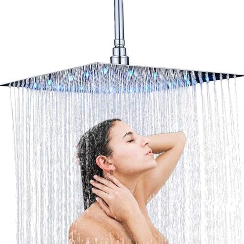 JUNSOTTOR Ultraflache LED Deckenbrause 40x40cm mit 3-Farben-WechselAnti-Kalk Edelstahl | Für Niedrigen Wasserdruck - Chrom gebürstet Komplettset Regendusche