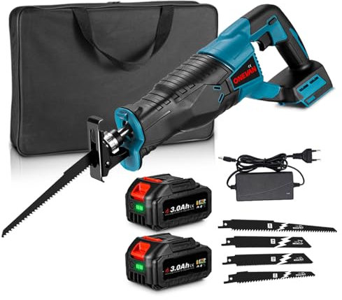 ONEVAN Säbelsäge Akku 32mm Hublänge, Fuchsschwanz Säge Elektrisch Reciprosäge 2800spm, Säbelsäge mit 4 Sägeblätter, 2 x 3.0Ah Akkus und Ladegerät