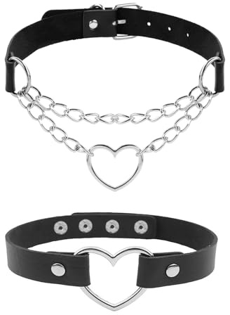 Cosysparks Collier Ras de Cou Gothique en Cuir Noir PU - Choker Punk avec 2 Coeurs pour Femme