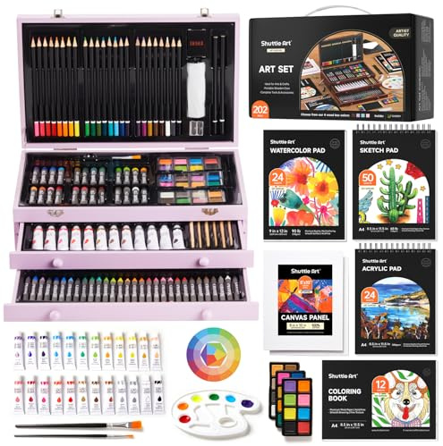Shuttle Art 202 Pièces Malette Dessin, Kit Dessin en Bois avec 4 Blocs, Toiles, Peinture Acrylique, Crayons de Couleur, Crayons de Cire, Pastels pour Adultes