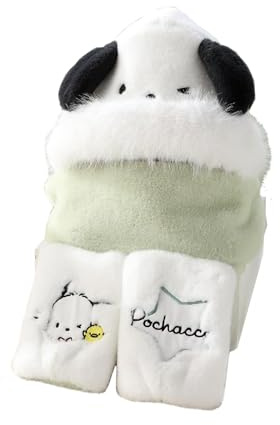 Roffatide Peluche Pochacco Bonnet écharpe Gants 3 en 1,tête Douce et Chaude Hiver Porter Chapeaux Mignons pour Femmes,Fausse Fourrure Sherpa Capuche avec écharpe et Gants Bleu Vert A